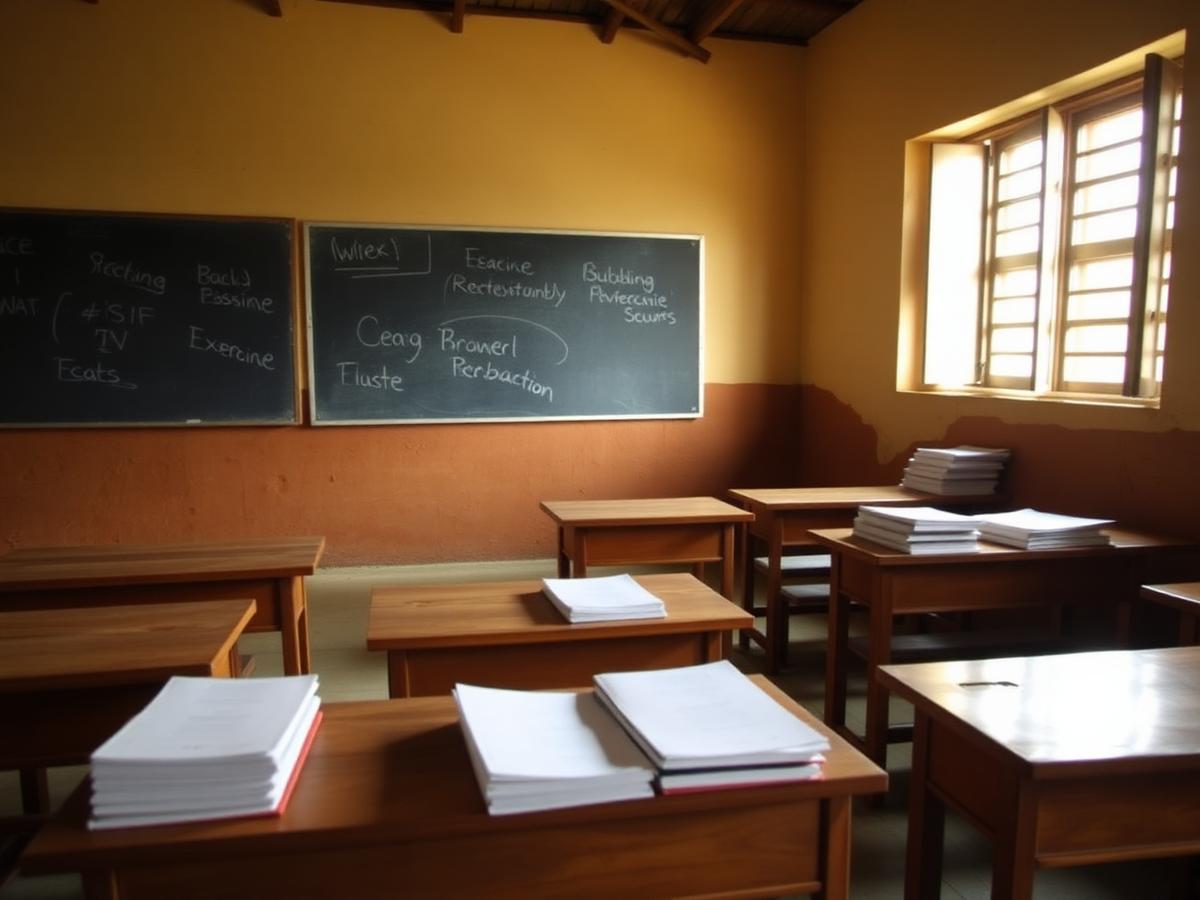 A simple classroom with wooden desks, stacked exercise books and a chalkboard lit by daylight.