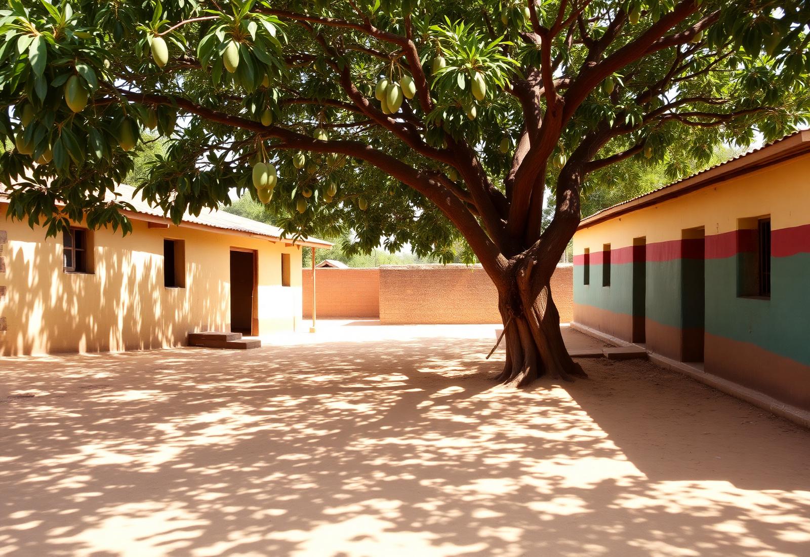 A single-storey primary school block with painted walls and a sandy courtyard shaded by a mango tree.