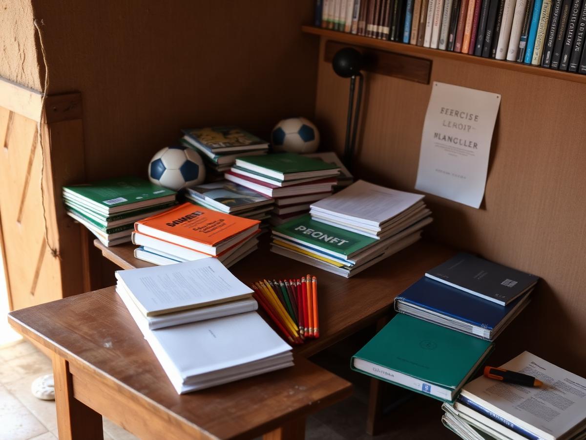 Stacks of exercise books, pencils and footballs ready to be given to a school.