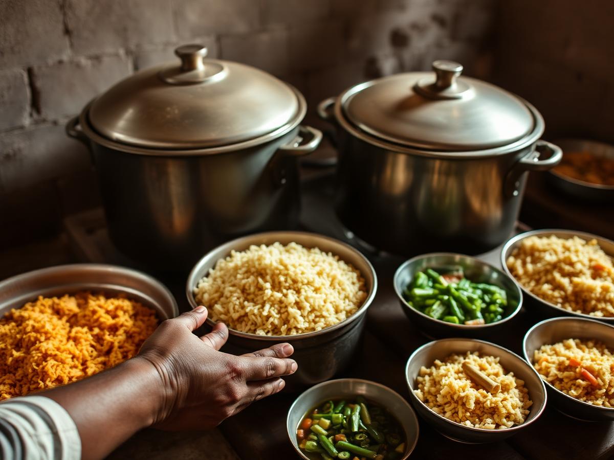 Large cooking pots and bowls of rice and vegetables prepared in a school kitchen, with a cook's hands in view.